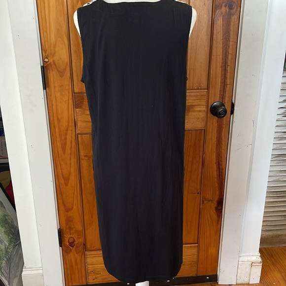 Lands End Black Cotton Knit Sleeveless V Neck Dress Large 14-16 White Appliqué - Picture 3 of 10
